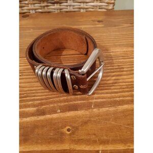 Vintage Brown Leather Belt With Silver Loops Buckle Design By L. Chessler